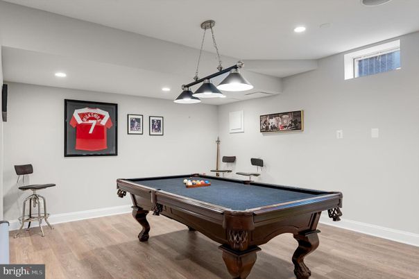 Billiard Table, Chandelier, Game Room, Interior, Pendant Lights, Recessed Lighting, Wood Texture Flooring