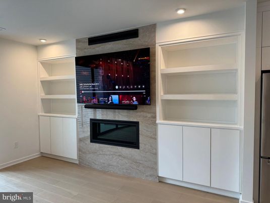Fireplace, Interior, Recessed Lighting, Wood Texture Flooring