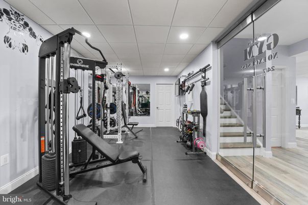 Fitness Equipment, Gym, Interior, Recessed Lighting, Wood Texture Flooring