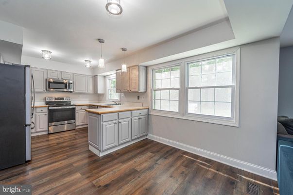 Interior, Kitchen, Pendant Lights, Stainless Steel Appliances, Wood Texture Flooring