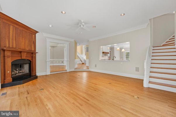Empty room, Fireplace, Interior, Pendant Lights, Recessed Lighting, Wood Texture Flooring