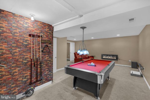 Billiard Table, Game Room, Interior, Pendant Lights, Recessed Lighting, Stone Walls