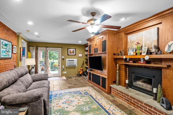 Fireplace, Interior, Living room, Recessed Lighting, Stone Walls