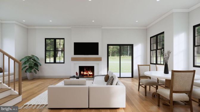 Dining room, Fireplace, Interior, Living room, Recessed Lighting, Wood Texture Flooring