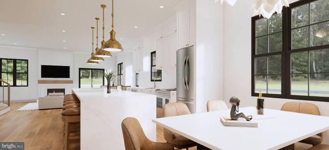 Dining room, Fireplace, Interior, Kitchen, Pendant Lights, Recessed Lighting, Wood Texture Flooring