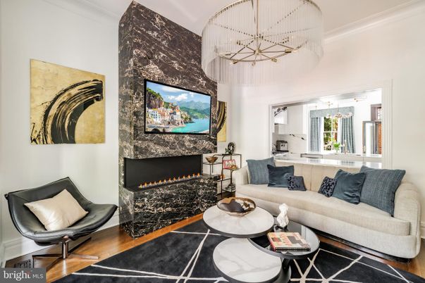 Fireplace, Interior, Living room, Pendant Lights, Wood Texture Flooring