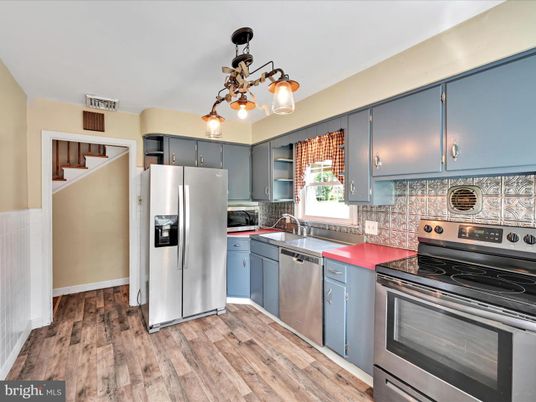 Interior, Kitchen, Pendant Lights, Stainless Steel Appliances, Wood Texture Flooring