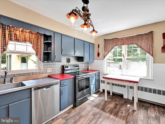 Interior, Kitchen, Pendant Lights, Stainless Steel Appliances, Wood Texture Flooring