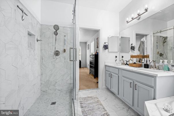 Bathroom, Dual Sink Vanities, Glass Shower, Interior, Marble, Marble Walls