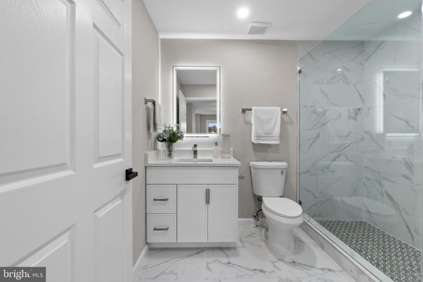 Bathroom, Glass Shower, Interior, Marble, Marble Walls, Recessed Lighting