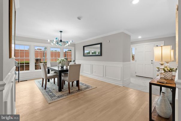 Chandelier, Dining room, Interior, Marble, Recessed Lighting, Wood Texture Flooring