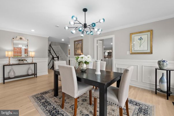 Dining room, Interior, Pendant Lights, Recessed Lighting, Wood Texture Flooring