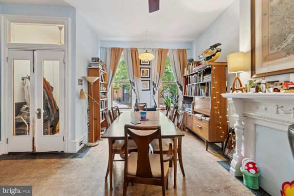 Dining room, Fireplace, Interior, Pendant Lights