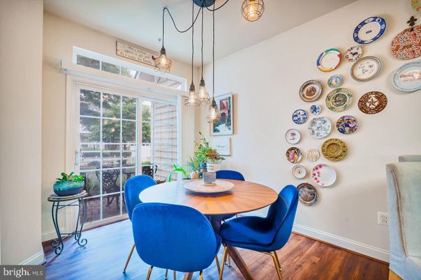 Dining room, Interior, Pendant Lights, Wood Texture Flooring