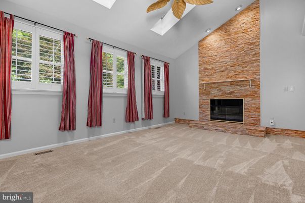 Empty room, Fireplace, Interior, Recessed Lighting, Stone Walls