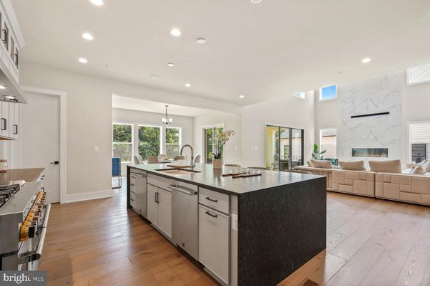 Dining room, Fireplace, Interior, Kitchen, Living room, Pendant Lights, Recessed Lighting, Wood Texture Flooring