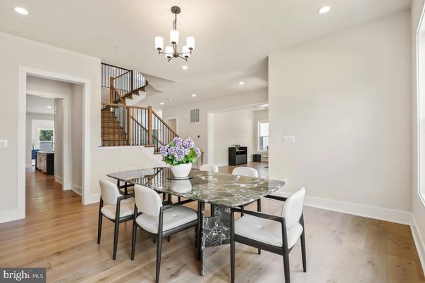Chandelier, Dining room, Interior, Recessed Lighting, Wood Texture Flooring