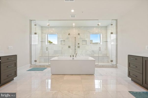 Bathroom, Free Standing Baths, Glass Shower, Interior, Marble, Marble Walls, Recessed Lighting