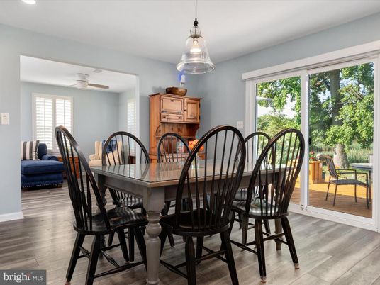 Dining room, Interior, Pendant Lights, Recessed Lighting, Wood Texture Flooring