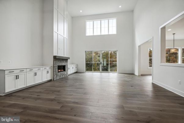 Empty room, Fireplace, Interior, Pendant Lights, Recessed Lighting, Wood Texture Flooring