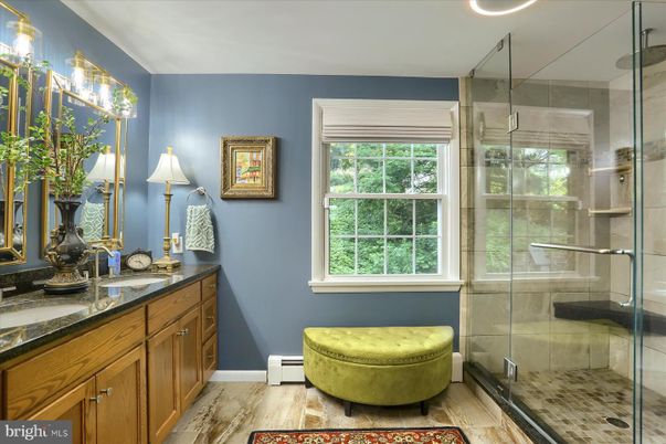 Bathroom, Glass Shower, Interior, Wood Texture Flooring