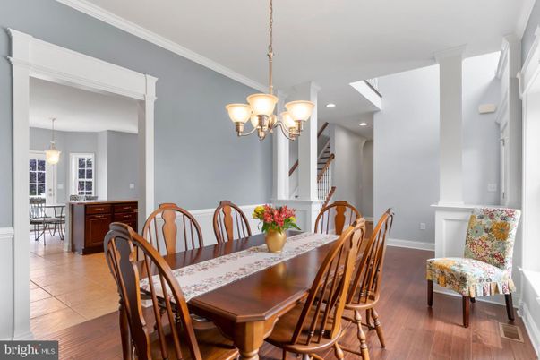 Chandelier, Dining room, Interior, Pendant Lights, Recessed Lighting, Wood Texture Flooring