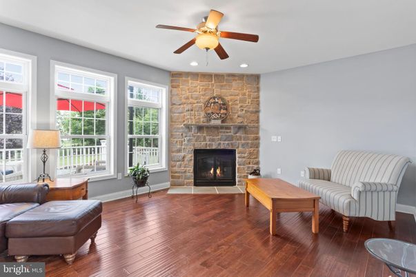 Fireplace, Interior, Recessed Lighting, Stone Walls, Wood Texture Flooring