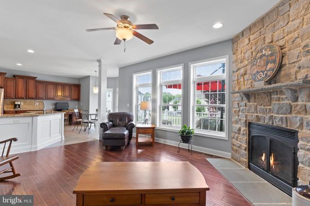 Dining room, Fireplace, Interior, Kitchen, Pendant Lights, Recessed Lighting, Stone Walls, Wood Texture Flooring