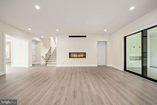Empty room, Fireplace, Interior, Recessed Lighting, Wood Texture Flooring