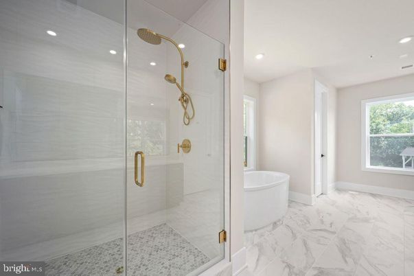 Bathroom, Free Standing Baths, Glass Shower, Interior, Marble, Recessed Lighting