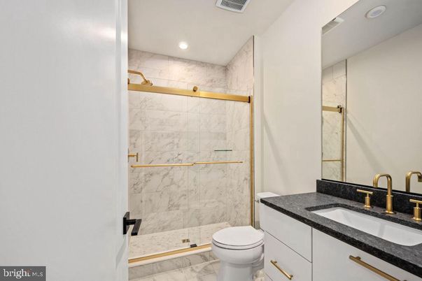 Bathroom, Glass Shower, Interior, Marble, Marble Walls, Recessed Lighting