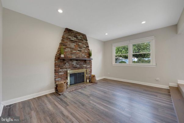 Empty room, Fireplace, Interior, Recessed Lighting, Wood Texture Flooring