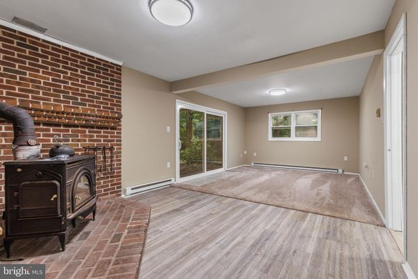 Empty room, Fireplace, Interior, Stone Walls, Wood Texture Flooring