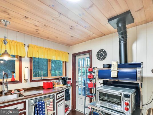 Interior, Kitchen, Pendant Lights, Stainless Steel Appliances, Wooden Ceilings, Wood Texture Flooring
