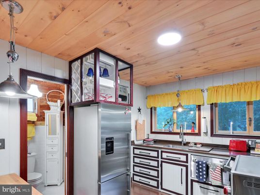 Interior, Kitchen, Pendant Lights, Recessed Lighting, Stainless Steel Appliances, Wooden Ceilings