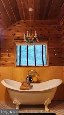 Bathroom, Chandelier, Free Standing Baths, Interior, Wooden Ceilings, Wooden Walls