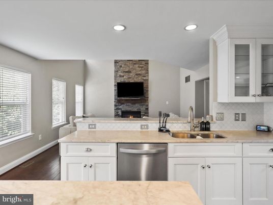 Fireplace, Interior, Kitchen, Recessed Lighting, Stone Walls, Wood Texture Flooring