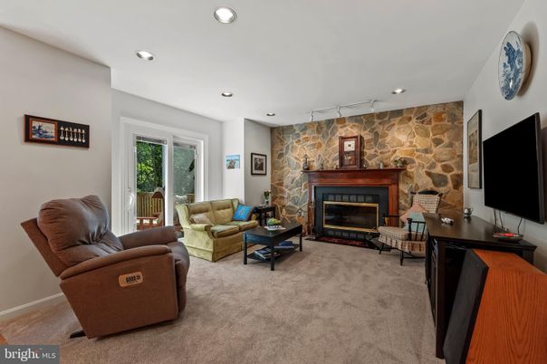 Fireplace, Interior, Living room, Recessed Lighting, Stone Walls