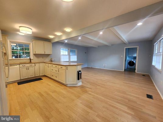 Interior, Kitchen, Recessed Lighting, Washer, Wood Texture Flooring