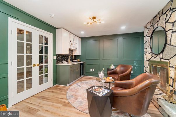 Interior, Kitchen, Living room, Recessed Lighting, Stone Walls, Wood Texture Flooring