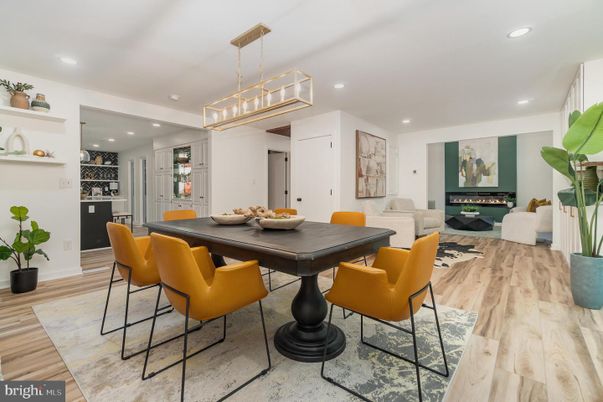 Dining room, Fireplace, Interior, Living room, Pendant Lights, Recessed Lighting, Wood Texture Flooring