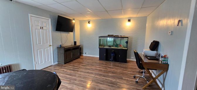 Home Office, Interior, Stone Walls, Wood Texture Flooring
