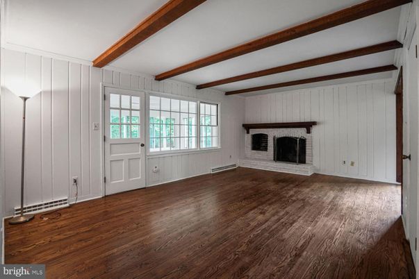 Empty room, Fireplace, Interior, Wooden Beams, Wood Texture Flooring