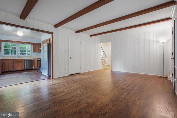 Empty room, Interior, Kitchen, Stainless Steel Appliances, Wooden Beams, Wood Texture Flooring
