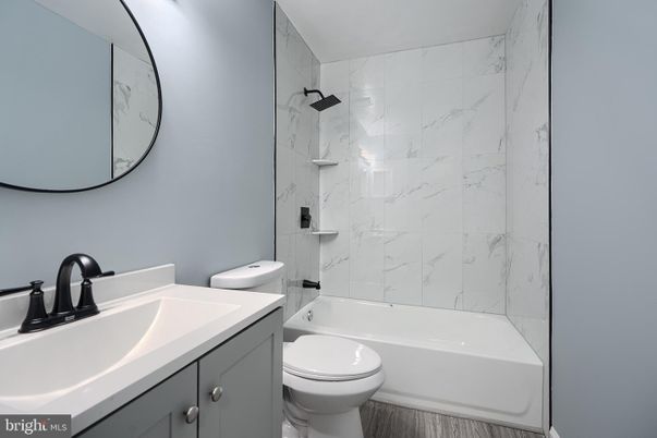 Bathroom, Interior, Marble Walls, Wood Texture Flooring