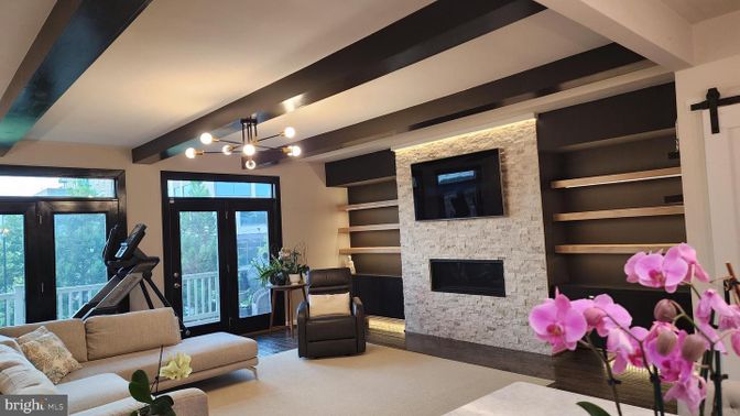 Fireplace, Fitness Equipment, Interior, Living room, Stone Walls