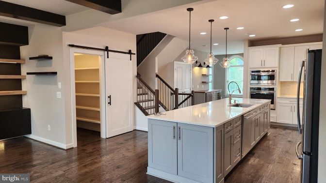 Interior, Kitchen, Pendant Lights, Recessed Lighting, Stainless Steel Appliances, Wooden Beams, Wood Texture Flooring