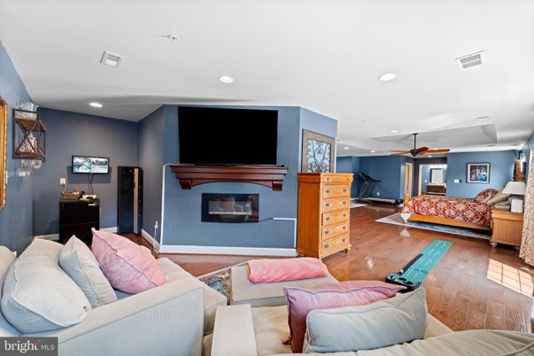 Fireplace, Interior, Living room, Recessed Lighting, Wood Texture Flooring