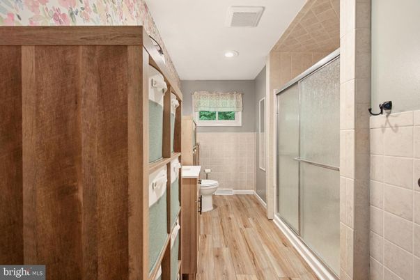 Bathroom, Glass Shower, Interior, Recessed Lighting, Wood Texture Flooring