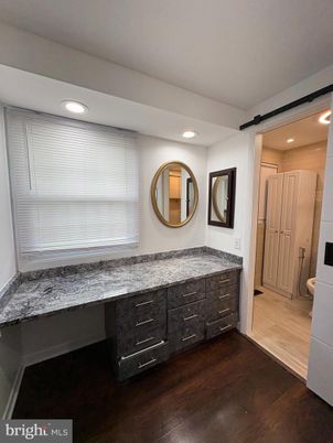 Bathroom, Dual Sink Vanities, Interior, Recessed Lighting, Wood Texture Flooring